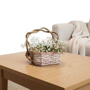 Vtg, Ceramic Rustic Terracotta White Wash Basket With Real Vine Handles. 8x7x6